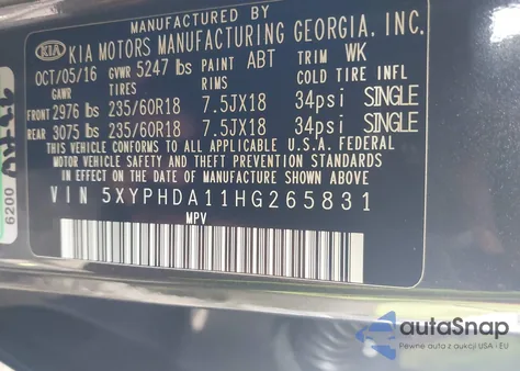 2017 Kia Sorento Ex z USA, uszkodzony, nr VIN 5XYPHDA11HG265831